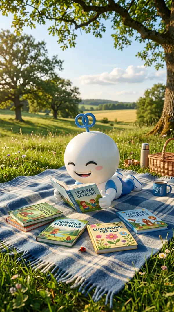 Foundi liegt auf einer Decke in der Wiese und liest ein Buch